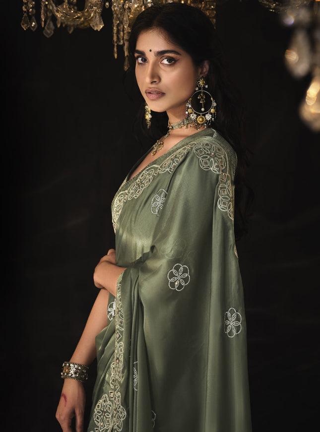 Moss Grey Embroidered Designer Saree