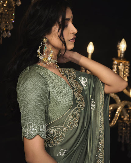 Moss Grey Embroidered Designer Saree
