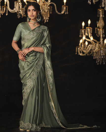 Moss Grey Embroidered Designer Saree