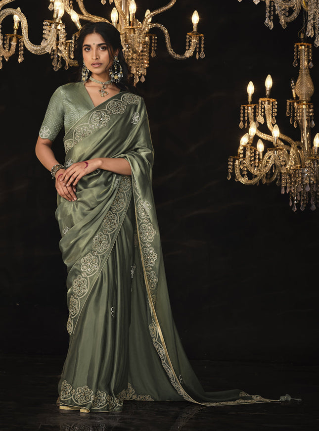 Moss Grey Embroidered Designer Saree