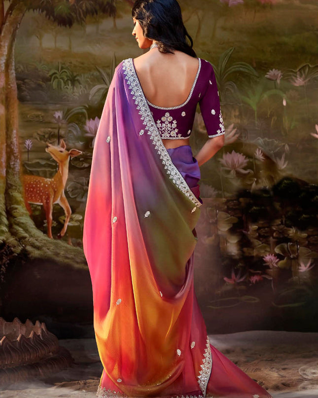 Multicolor Organza Chiffon Embroidered Designer Wedding Saree