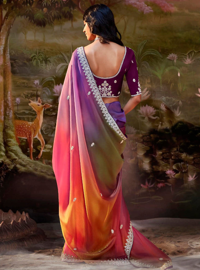 Multicolor Organza Chiffon Embroidered Designer Wedding Saree