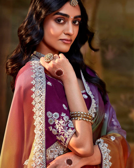 Multicolor Organza Chiffon Embroidered Designer Wedding Saree