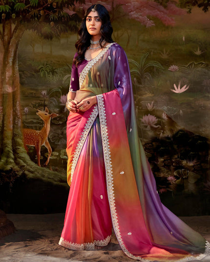 Multicolor Organza Chiffon Embroidered Designer Wedding Saree