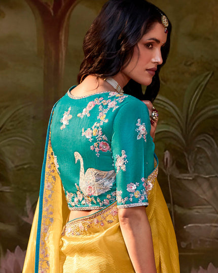 Lemon Yellow Organza Chiffon Embroidered Designer Wedding Saree