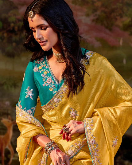 Lemon Yellow Organza Chiffon Embroidered Designer Wedding Saree