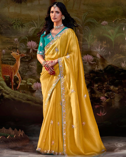 Lemon Yellow Organza Chiffon Embroidered Designer Wedding Saree
