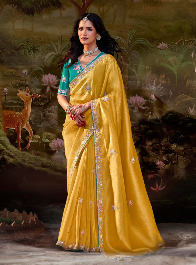 Lemon Yellow Organza Chiffon Embroidered Designer Wedding Saree