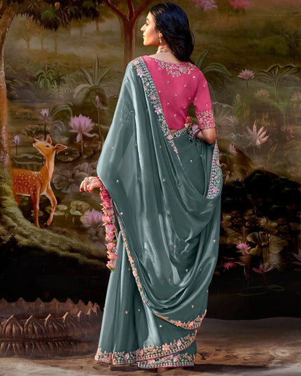 Teal Grey Organza Chiffon Embroidered Designer Wedding Saree
