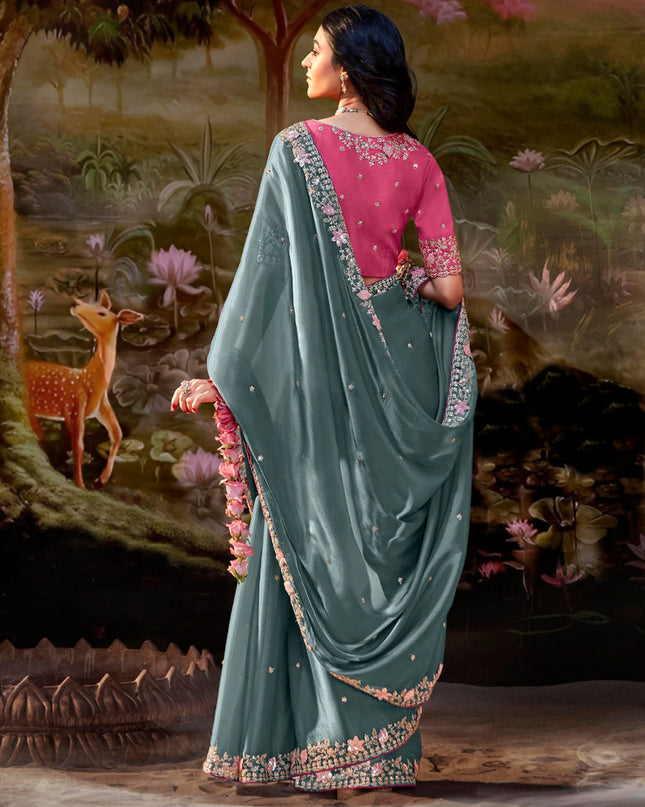 Teal Grey Organza Chiffon Embroidered Designer Wedding Saree