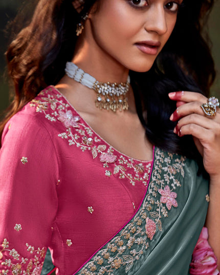 Teal Grey Organza Chiffon Embroidered Designer Wedding Saree