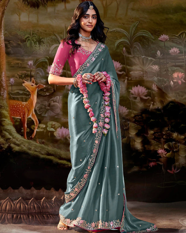 Teal Grey Organza Chiffon Embroidered Designer Wedding Saree