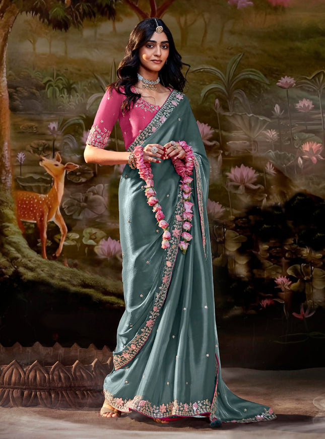 Teal Grey Organza Chiffon Embroidered Designer Wedding Saree