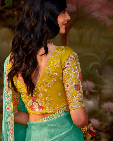 Aquamarine Organza Chiffon Embroidered Designer Wedding Saree