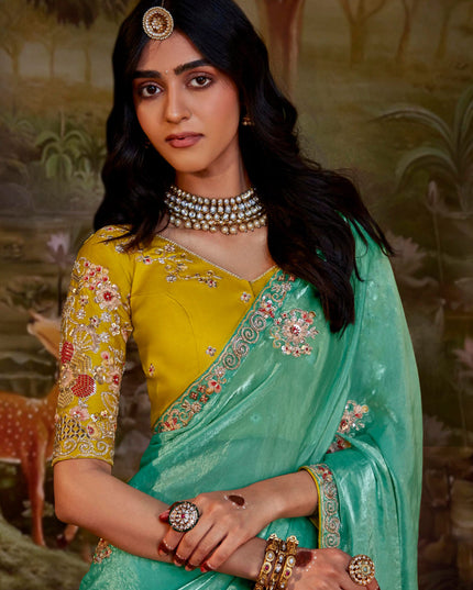 Aquamarine Organza Chiffon Embroidered Designer Wedding Saree