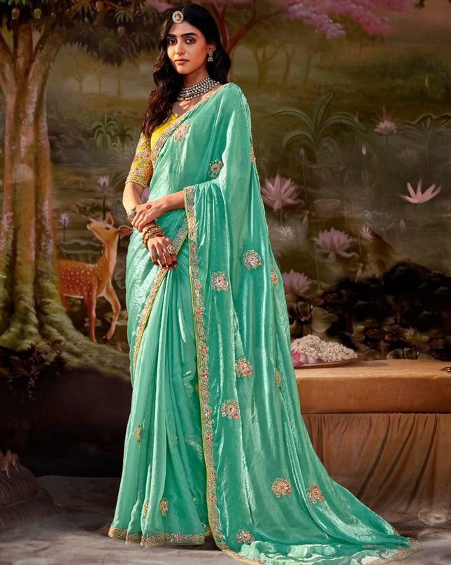Aquamarine Organza Chiffon Embroidered Designer Wedding Saree