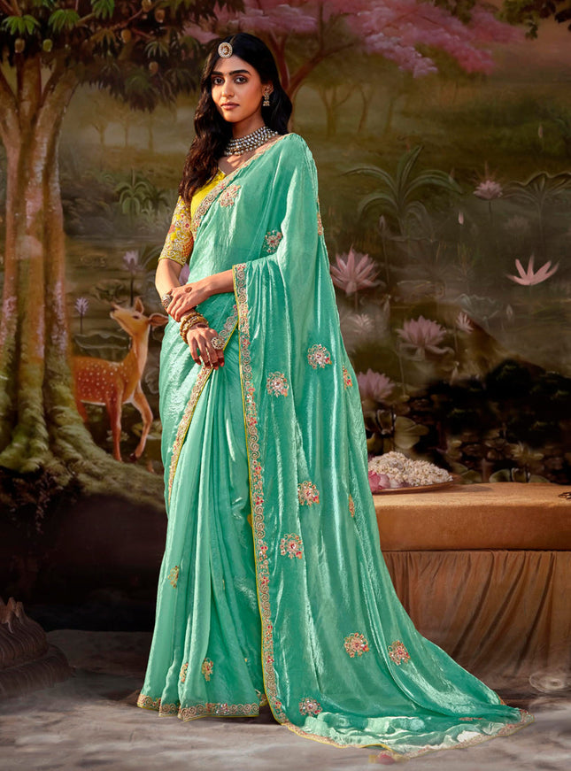 Aquamarine Organza Chiffon Embroidered Designer Wedding Saree