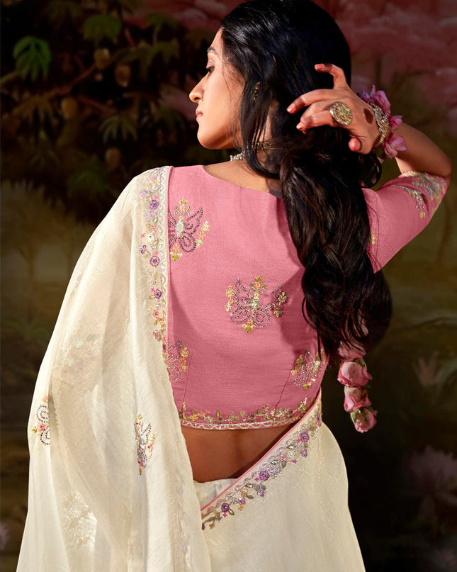 Pearl White Organza Chiffon Embroidered Designer Wedding Saree