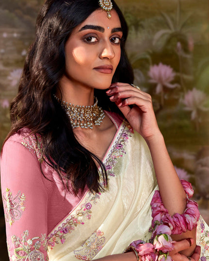 Pearl White Organza Chiffon Embroidered Designer Wedding Saree