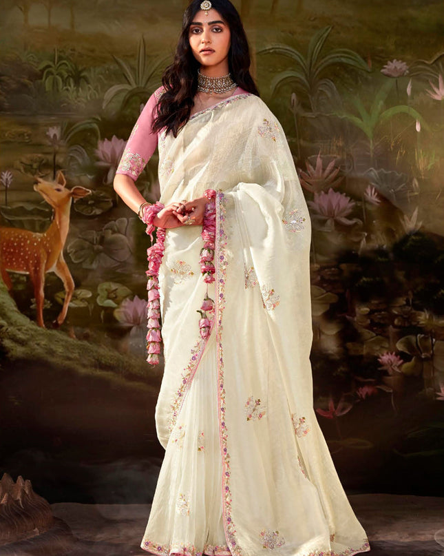 Pearl White Organza Chiffon Embroidered Designer Wedding Saree