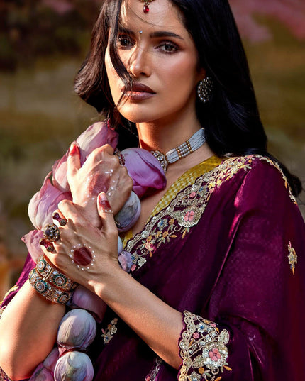 Wine Organza Chiffon Embroidered Designer Wedding Saree