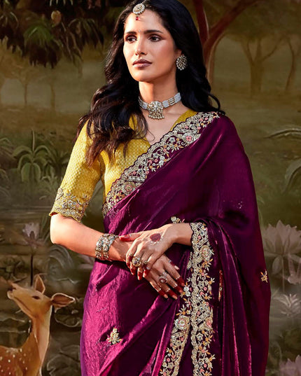 Wine Organza Chiffon Embroidered Designer Wedding Saree