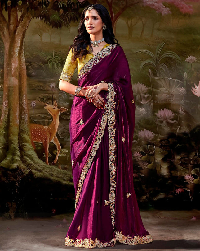 Wine Organza Chiffon Embroidered Designer Wedding Saree