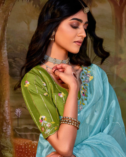 Sky Blue Organza Chiffon Embroidered Designer Wedding Saree