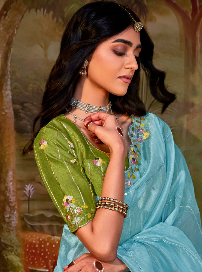 Sky Blue Organza Chiffon Embroidered Designer Wedding Saree