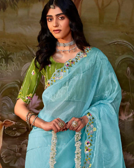 Sky Blue Organza Chiffon Embroidered Designer Wedding Saree