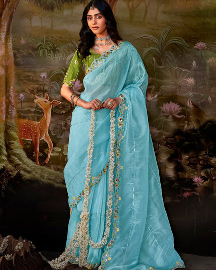 Sky Blue Organza Chiffon Embroidered Designer Wedding Saree