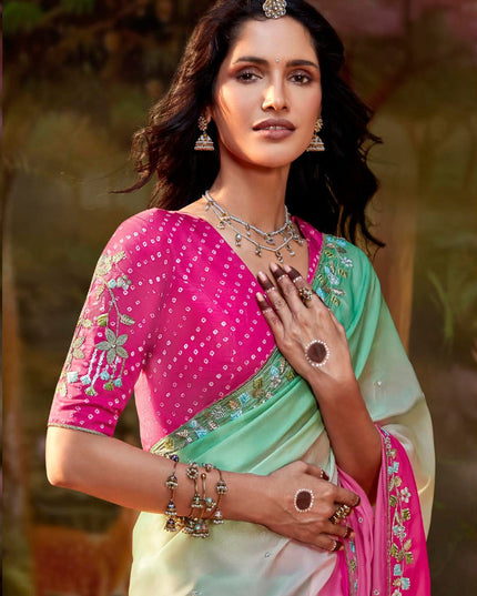 Multicolor Organza Chiffon Embroidered Designer Wedding Saree