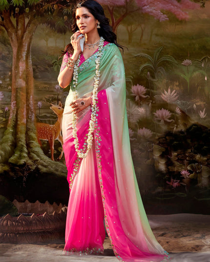 Multicolor Organza Chiffon Embroidered Designer Wedding Saree