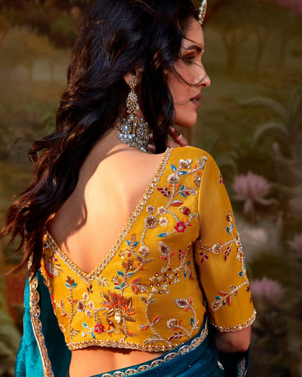 Peacock Blue Organza Chiffon Embroidered Designer Wedding Saree