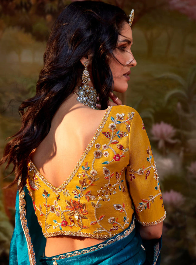 Peacock Blue Organza Chiffon Embroidered Designer Wedding Saree