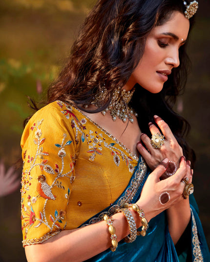 Peacock Blue Organza Chiffon Embroidered Designer Wedding Saree