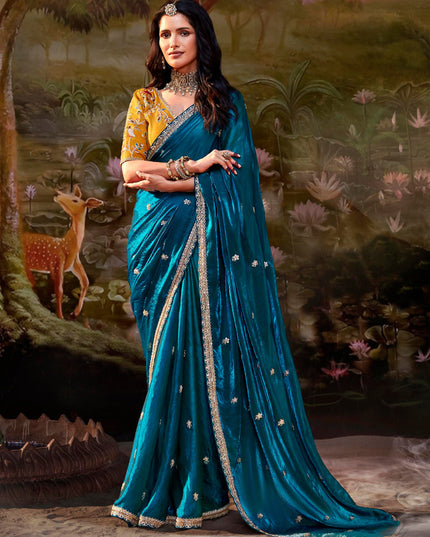 Peacock Blue Organza Chiffon Embroidered Designer Wedding Saree