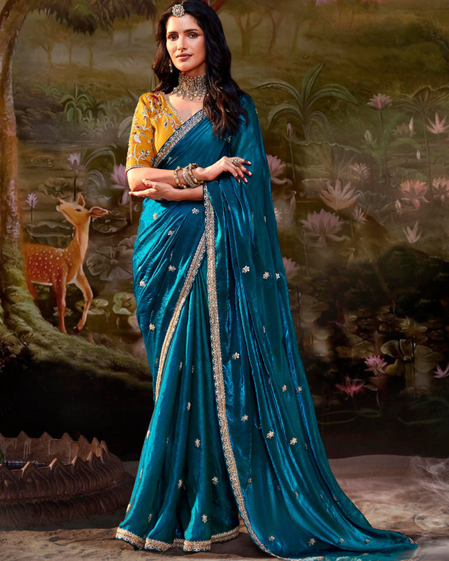 Peacock Blue Organza Chiffon Embroidered Designer Wedding Saree