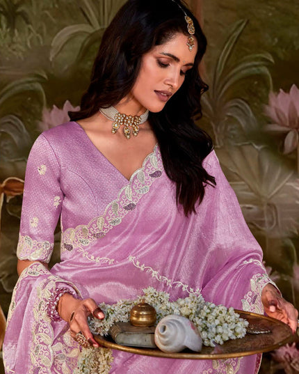 Lilac Pink Organza Chiffon Embroidered Designer Wedding Saree