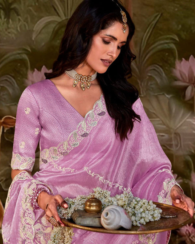 Lilac Pink Organza Chiffon Embroidered Designer Wedding Saree