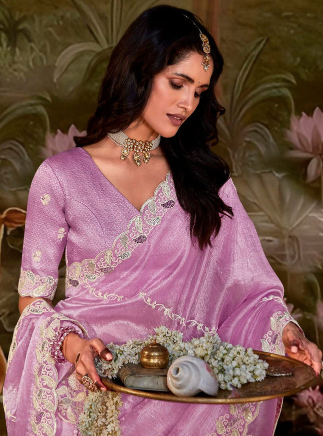 Lilac Pink Organza Chiffon Embroidered Designer Wedding Saree