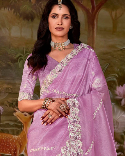 Lilac Pink Organza Chiffon Embroidered Designer Wedding Saree