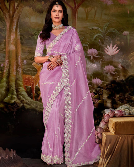 Lilac Pink Organza Chiffon Embroidered Designer Wedding Saree