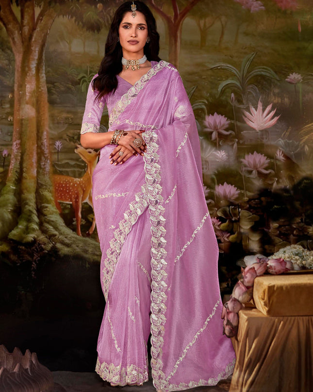 Lilac Pink Organza Chiffon Embroidered Designer Wedding Saree