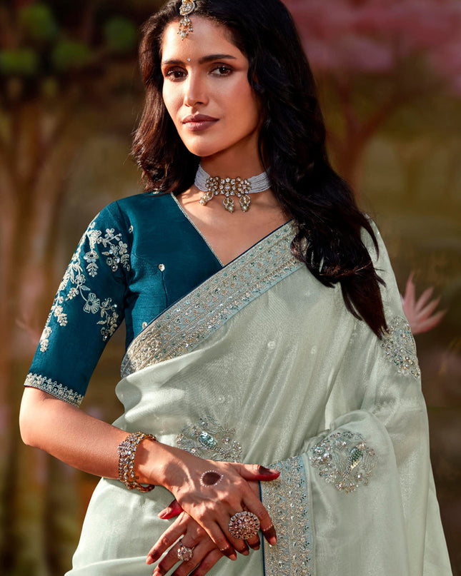 Ice Grey Organza Chiffon Embroidered Designer Wedding Saree