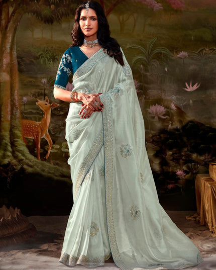 Ice Grey Organza Chiffon Embroidered Designer Wedding Saree