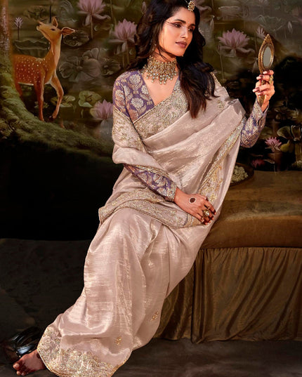 Blush Pink Organza Chiffon Embroidered Designer Wedding Saree