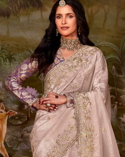 Blush Pink Organza Chiffon Embroidered Designer Wedding Saree