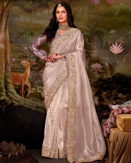 Blush Pink Organza Chiffon Embroidered Designer Wedding Saree