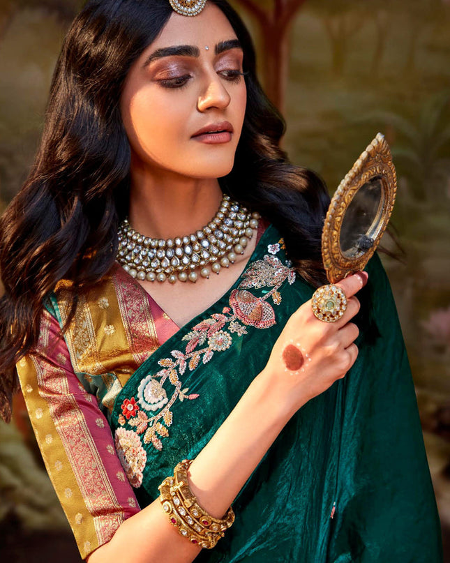 Peacock Green Organza Chiffon Embroidered Designer Wedding Saree